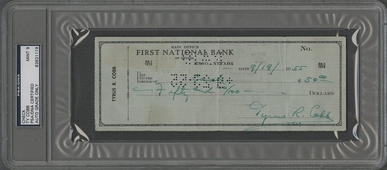 Ty Cobb Signed Check Dated September 19, 1955 (PSA/DNA MINT 9)
